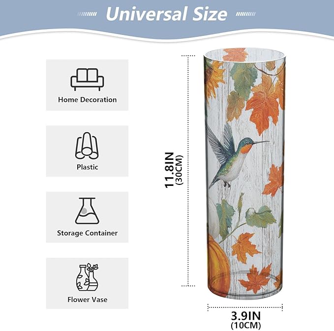 Flower Vase Clear Plastic Cylinder Vases Decor for Centerpieces Home Storage Office Weddings Retro Pumpkin Hummingbird 11.8 x 3.9 in