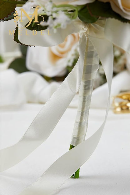 Meldel 6.5 Inch Bridesmaid Bouquet Set of 6, Ivory Wedding Bouquets for Bridesmaids, Small Bridesmaid Bouquets for Wedding, Artificial Wedding Bouquet Flower, Floral Wedding Centerpieces