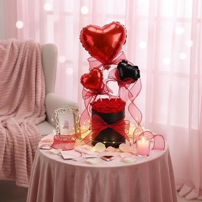 Red Preserved Roses in Box 7 Preserved Forever Flower in a Round Box Last 1-3 Years with Heart Balloon Christmas Surprise Gift for Women Loved One Mom Valentines Anniversaries Need Assembly