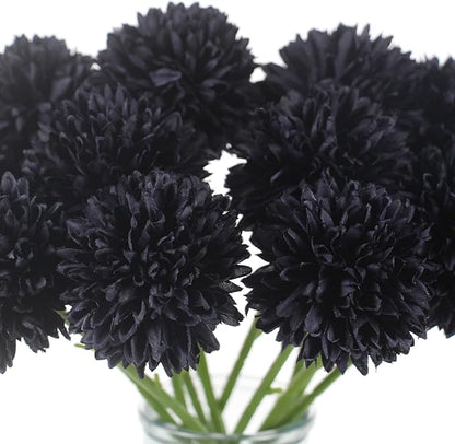 Tinsow 12 Pcs Faux Ball Chrysanthemum Bouquet Black Flowers for Home Halloween Party Fall Harvest Festival Decoration (Black, 12)