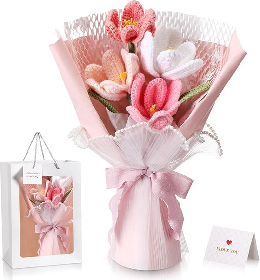 Juinte Crochet Flowers Bouquet Gift Christmas Crochet Flower Tulips Completed Handmade Knitted Bouquet with Card for Women Girlfriend Lover Appreciation Gift Birthday Wedding Teacher Decor(Pink)