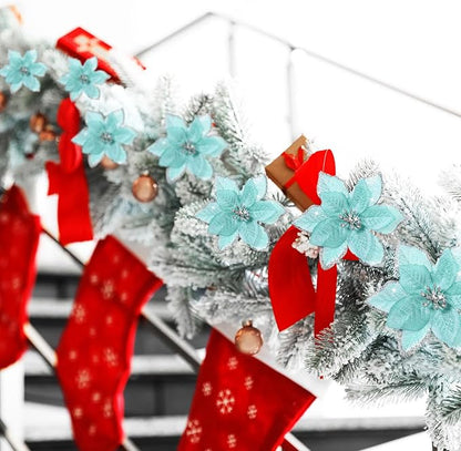 WILLBOND 24 Pcs 3 Size Poinsettia Flower Artificial Christmas Decor Glitter Poinsettia Christmas Ornaments Faux Flowers for Xmas Tree Outdoor(4/6/7.9 Inches,Blue)