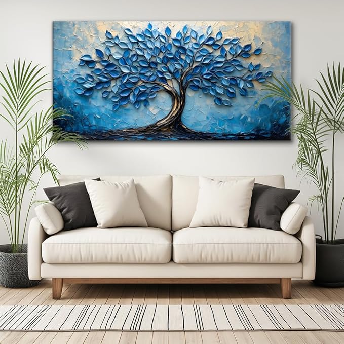 LAVIKARS Modern Tree of Life Wall Art for Living Room Office Navy Blue Abstract Oil Landscape Canvas Painting Prints Large Nature Artwork Home Kitchen Bedroom Decor (28x58 Inches)