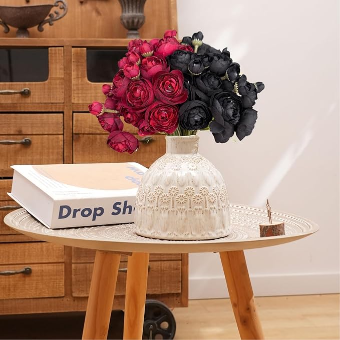 ASTRYAS 24Pcs Black Red Ranunculus Artificial Flowers, Silk Fake Ranunculus Wedding Bouquet for Halloween Home Decor Floral Arrangement Table Centerpieces(Red, Black)