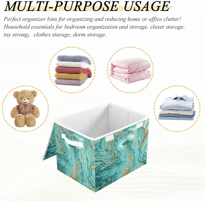 Senya Collapsible Storage Bins with Lids, Golden and Turquoise Marble Teal Storage Boxes for Organizing