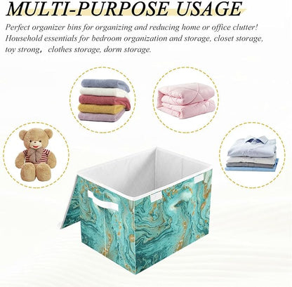 Senya Collapsible Storage Bins with Lids, Golden and Turquoise Marble Teal Storage Boxes for Organizing