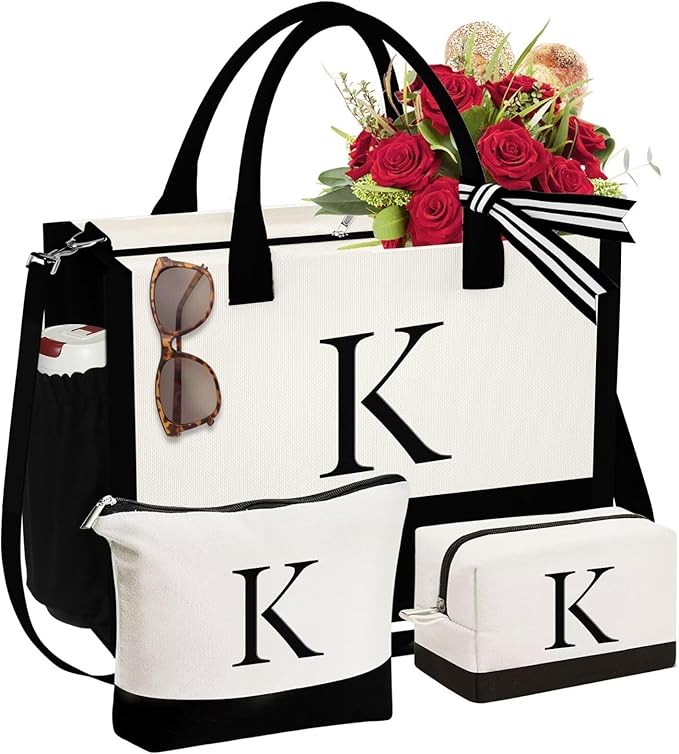 YOOLIFE Christmas Gifts for Women - Initial Canvas Tote Bag & Makeup Bag, Birthday Gifts for Women Mom Sister Friends