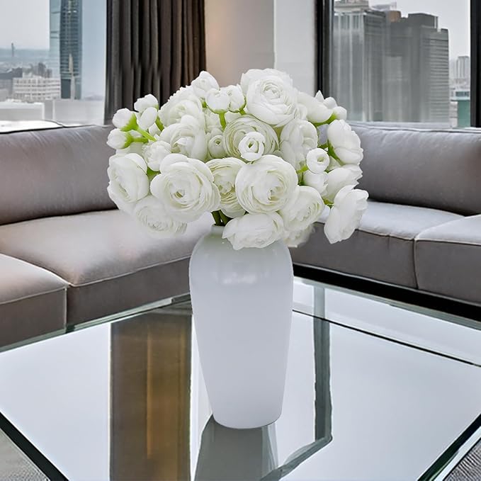 24 Pcs Ranunculus Artificial Flowers 10.5", Mini Faux Silk Ranunculus with Stem, Fake Flowers for Home Decor Indoor Wedding Bouquets Centerpieces (White)