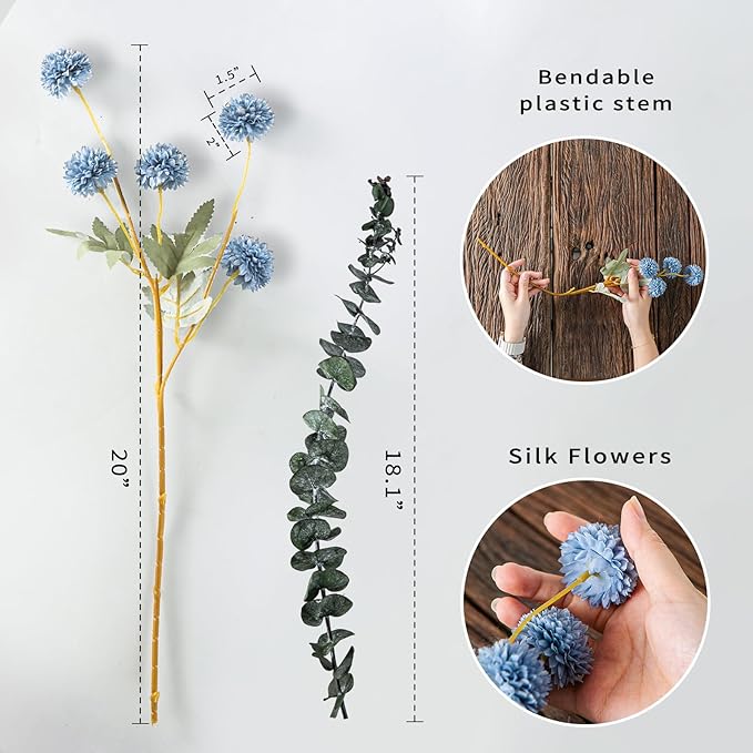 6 Artificial Silk Flowers + 3 Eucalyptus, Artificial Chrysanthemums with Stems for Home Decor, Dusty Blue