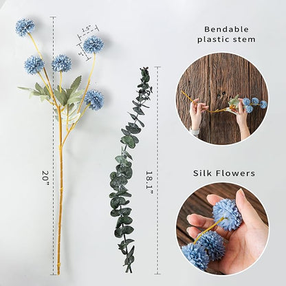6 Artificial Silk Flowers + 3 Eucalyptus, Artificial Chrysanthemums with Stems for Home Decor, Dusty Blue