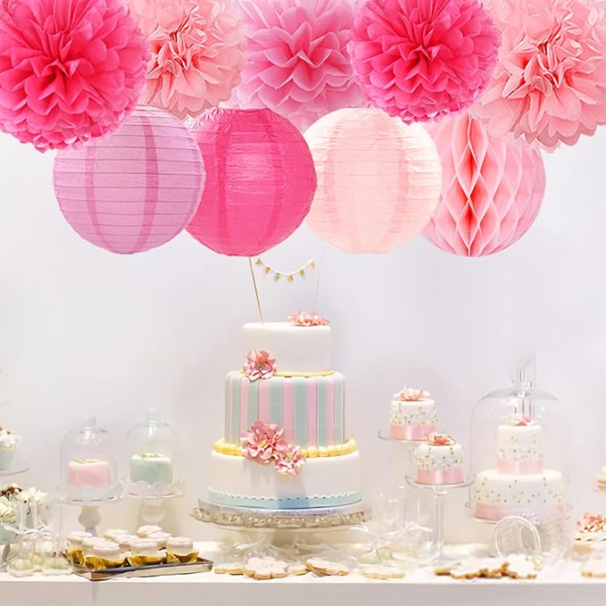 Hot Pink Paper Flowers Tissue Pom Poms Honeycomb Lanterns 15pcs Party Decorations for Birthday Bachelorette Women Girls Night Baby Shower Bridal Wedding Valentine Hanging Supplies Mprocherify