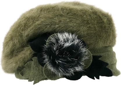 VECRY Lady French Beret 100% Wool Beret Floral Dress Beanie Winter Hat