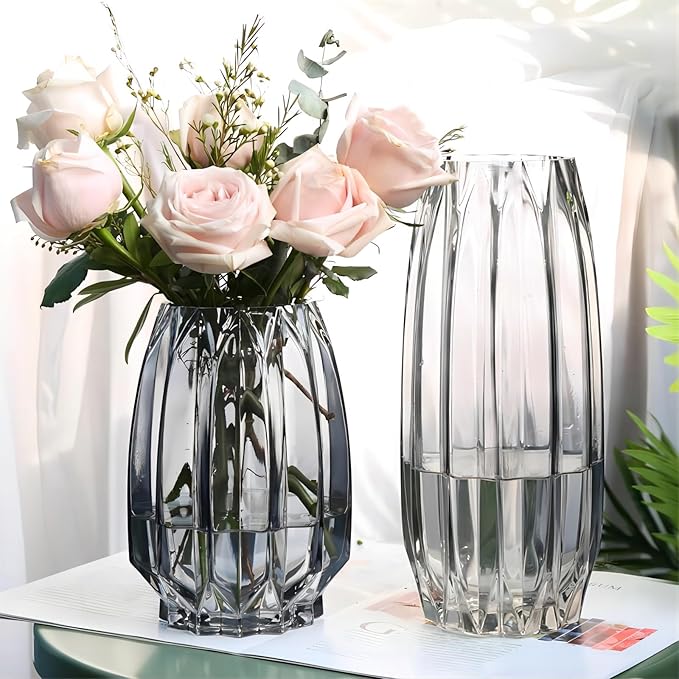 Large Flower Vase,11 inch,GIDARY Thickened Clear Ribbed Glass Vase for Bookshelf,Dinner Table,Indoor Office Desktop,Meeting Room,Home Christmas Day Decoration