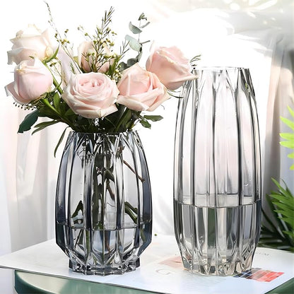 Large Flower Vase,11 inch,GIDARY Thickened Clear Ribbed Glass Vase for Bookshelf,Dinner Table,Indoor Office Desktop,Meeting Room,Home Christmas Day Decoration