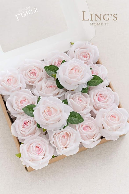 Ling's moment Artificial Flowers 16pcs Pale Pink Silk Roses with Stems, 3.5" Fake Shabby Blush Vendela Roses Bulk for DIY Wedding Bouquets Centerpieces Party Baby Shower Home Decoration