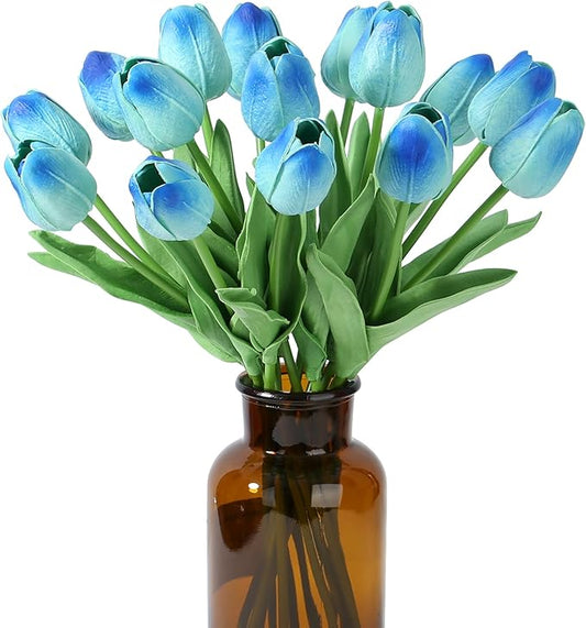 SITUMEIZI 15pcs Blue Tulips Fake Artificial Flowers Real Touch 14" Silk Flower for Home Decor Easter Spring Wedding Bouquet Decorations Mother's Gift Day Floral Arrangements(Blue#)