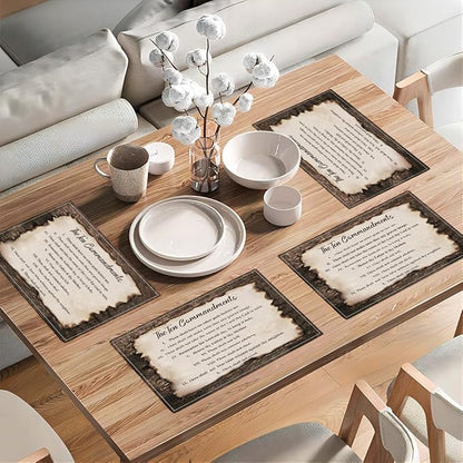 10 Commandments Placemats Set of 4, Ten Commandments Religious Place Mats Washable Double-Sided Table Mats for Kitchen Dining Room Home Party Indoor 4 PCS 12x18 Inch