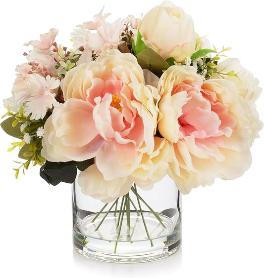 ENOVA FLORAL Artificial Silk Flower Arrangement with Vase,Mixed Artificial Silk Peony Flower in Vase for Decoration Home Office, Wedding Centerpiece (Peach)