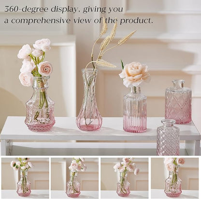 Glass Bud Vase Set of 60 - Small Vases for Flowers in Bulk - Assorted Vintage Crystal Vases for Flowers, Table Centerpieces (Pink, 60 Pcs)