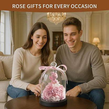 SEEROSE Preserved Rose with Unicorn in Glass Dome, Eternal Real Rose Romantic Gift for Her, Women, Mom, Wife, Girlfriend, Valentine’s Day, Mother’s Day, Christmas, Birthday (Lucky Unicorn, Pink)