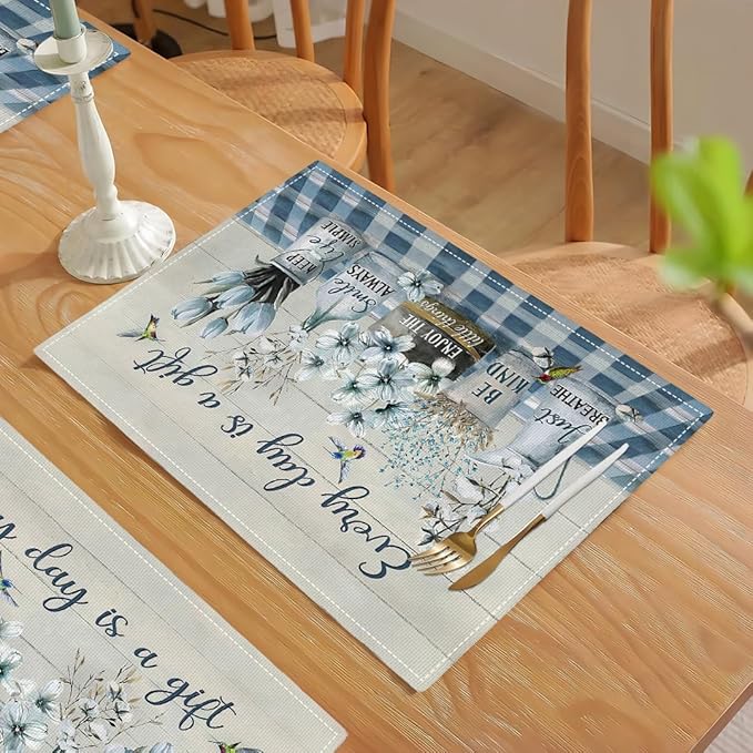 Farmhouse Spring Flower Placemats Set of 4 Every Day is A Gift Rustic Floral Double-Sided Table Mats for Dining Room Home Party Indoor 4 PCS 12x18 Inch