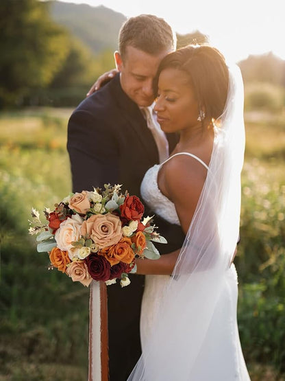 Rinlong 9" Wide Burnt Orange Wedding Bouquet for Bride Rustic Terracotta Artificial Flowers Bridal Bridesmaid Bouquet Prom