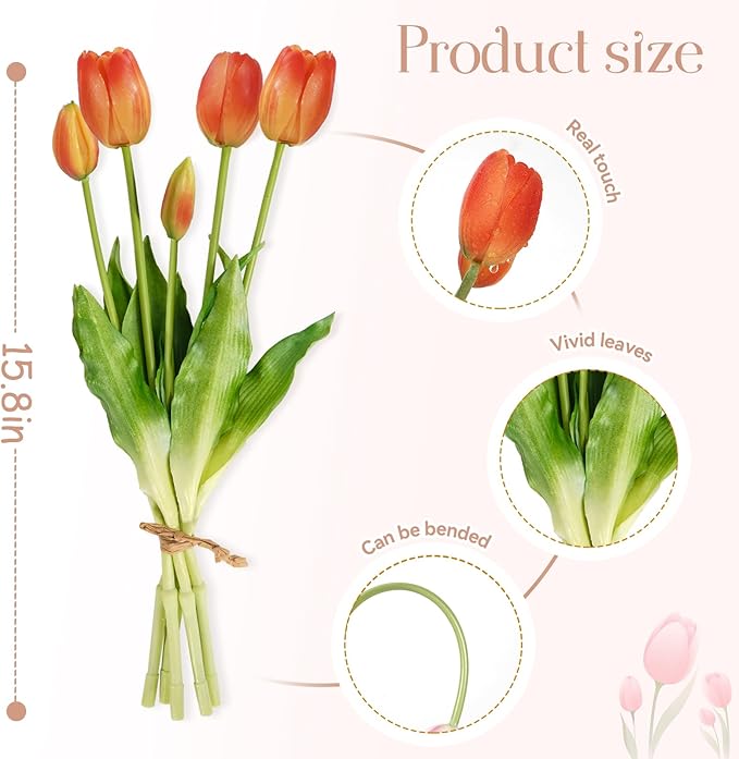 15Pcs Fake Tulips Artificial Flowers Real Touch Latex Bouquet Faux Tulips for Centerpiece Arrangements Wedding Party Home Décor (Orange)