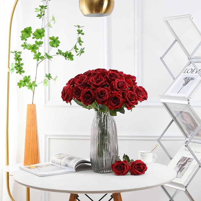 Tifuly Red Roses Artificial Flowers - 12 pcs Realistic Long Stem Fake Roses Faux Silk Flowers for DIY Bouquets Wedding Centerpieces Arrangements Home Party Decor（Burgundy）