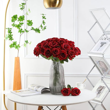 Tifuly Red Roses Artificial Flowers - 12 pcs Realistic Long Stem Fake Roses Faux Silk Flowers for DIY Bouquets Wedding Centerpieces Arrangements Home Party Decor（Burgundy）