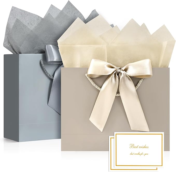 JMANNI Gift Bags, Medium Gift Bags for Presents with Bow Ribbon, Party Bags with Handles 4 Tissue Papers and 2 Cards for Weddings, Birthday, Party, Celebration, Christmas(Brown-Silver 2Pcs)