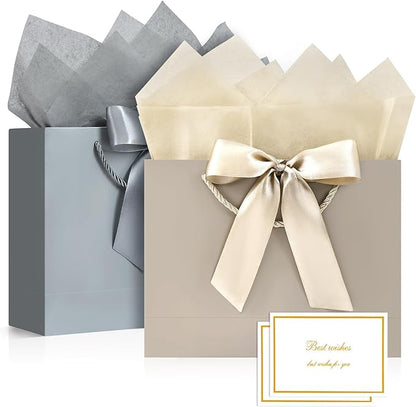 JMANNI Gift Bags, Medium Gift Bags for Presents with Bow Ribbon, Party Bags with Handles 4 Tissue Papers and 2 Cards for Weddings, Birthday, Party, Celebration, Christmas(Brown-Silver 2Pcs)