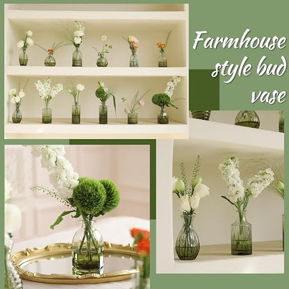 Green Bud Vases Set of 12, Green Glass Vase for Decor, Small Vases for Flowers Ribbed Flower Vase Stripe Bud Vases in Bulk Wedding Birthday Bridal Shower Centerpieces Home Table Decoration