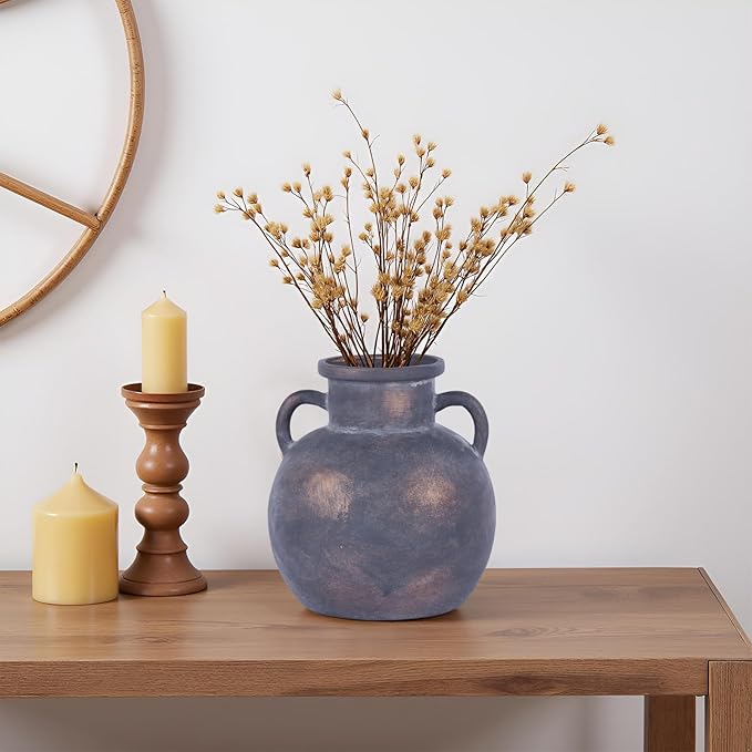 5.9in Rustic Ceramic Farmhouse Flower Small Vase, Black Terracotta Pottery Decorative Vases Distressed, Round Vases with Handles for Home Wabi Sabi Coffee Table Entryway Decor or Kitchen Utensils