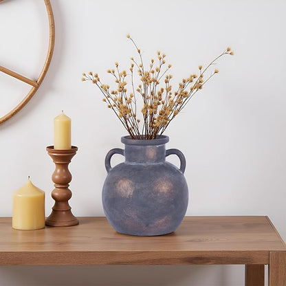 5.9in Rustic Ceramic Farmhouse Flower Small Vase, Black Terracotta Pottery Decorative Vases Distressed, Round Vases with Handles for Home Wabi Sabi Coffee Table Entryway Decor or Kitchen Utensils