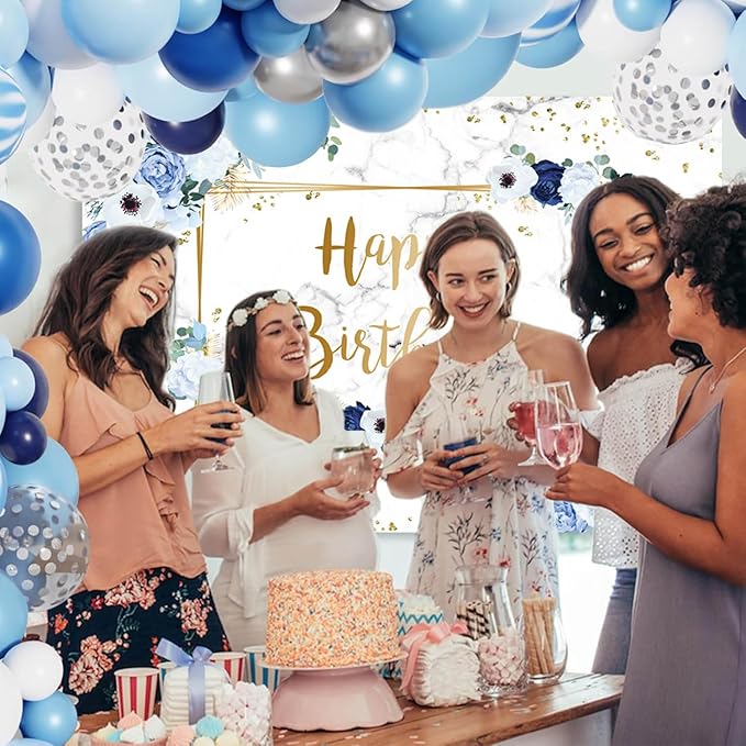MEHOFOND 8x6ft Happy Birthday Backdrop Blue and White Flowers Bday Photography Background Girls Geometric Gold Glitter Dots Birthday Floral Party Decorations Cake Smash Decor Studio Photo Props