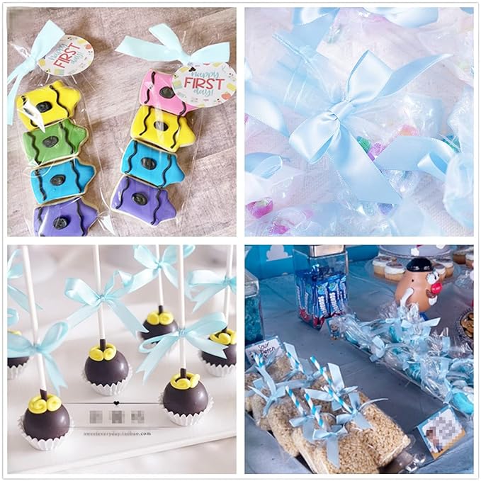 50 Pack 3" Blue Satin Twist Tie Bows, Twist Bows for Treats, Ribbon Bows with Twist Ties Gift Wrap Bows, Pretied Bows Ties for Cake Pops, Baby Shower, Sweets Packaging, Party Favors, Gifts