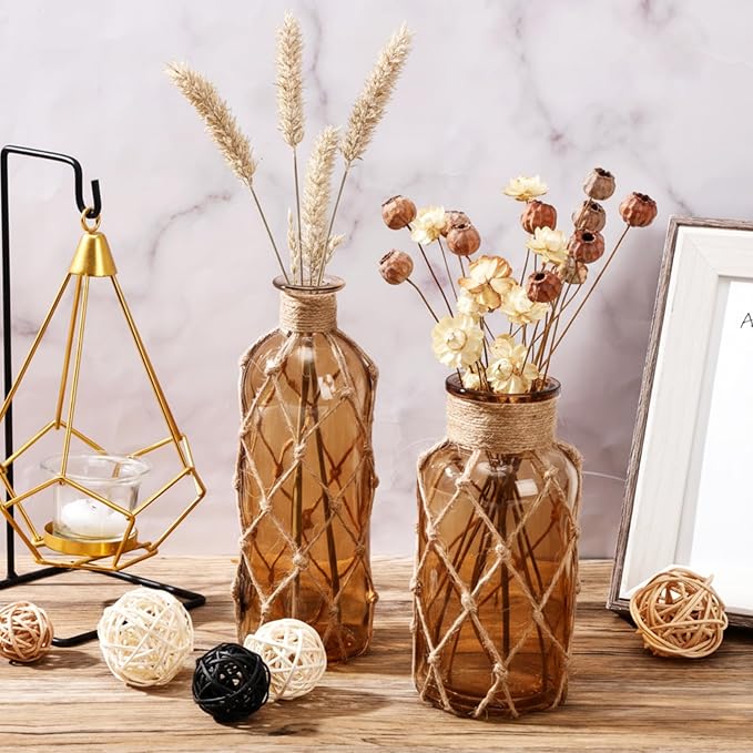 Chuangdi Set of 2 Coastal Glass Vases for Flower Small Flower Vase with Boho Rope Wrapping Beach Decorative Bottle for Coastal Nautical Table Centerpiece Wedding Floral Arrangement Decor(Light Brown)