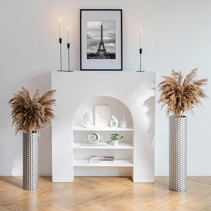 Sziqiqi Silver Tall Floor Vase: 27.6/21.7in Metal Cylinder Vases Extra Large Decorative Vase Set of 2 Living Room Modern Honeycomb Texture Big Standing Decor for Dining Bedroom Home Corner Indoor