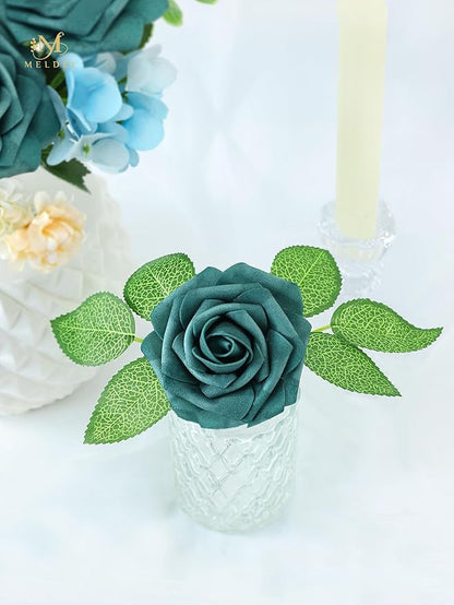 Meldel Artificial Flowers 50pcs Real Looking Peacock Green Foam Fake Roses with Stems for DIY Wedding Bouquets Bridal Shower Centerpieces Floral Arrangements Home Decorations Bulk Crafts Rose