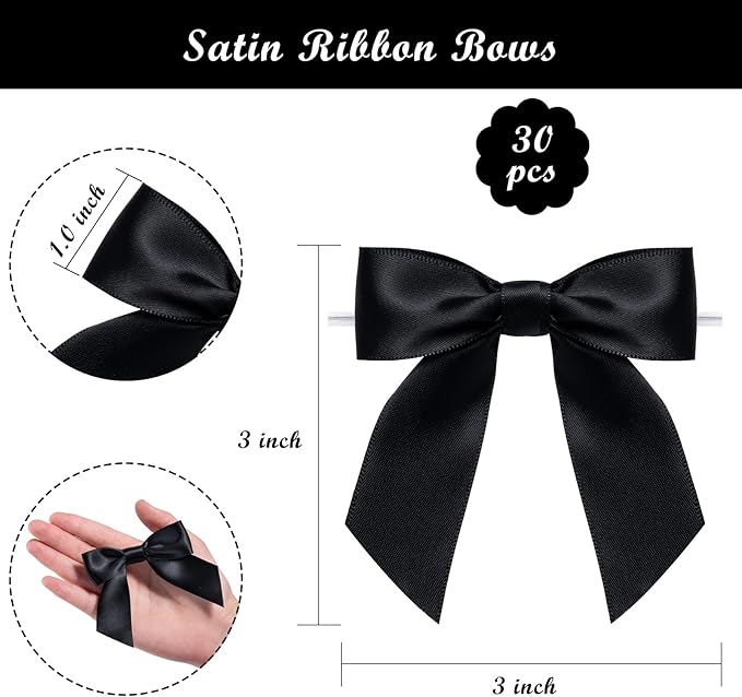 WRAPAHOLIC 30 Pcs 3" Black Satin Ribbon Bows with Twist Tie - Pretied Premade Craft Bows for Christmas Party Crafts Treat Bags Gift Wrapping Wedding Birthday Baby Shower