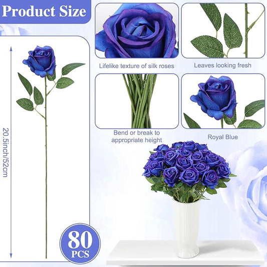80 Pcs Roses Artificial Flowers,Silk Royal Blue Rose Artificial Flowers,Fake Blue Roses Petals Long Stem Roses for Wedding Bouquet Home Party Decor