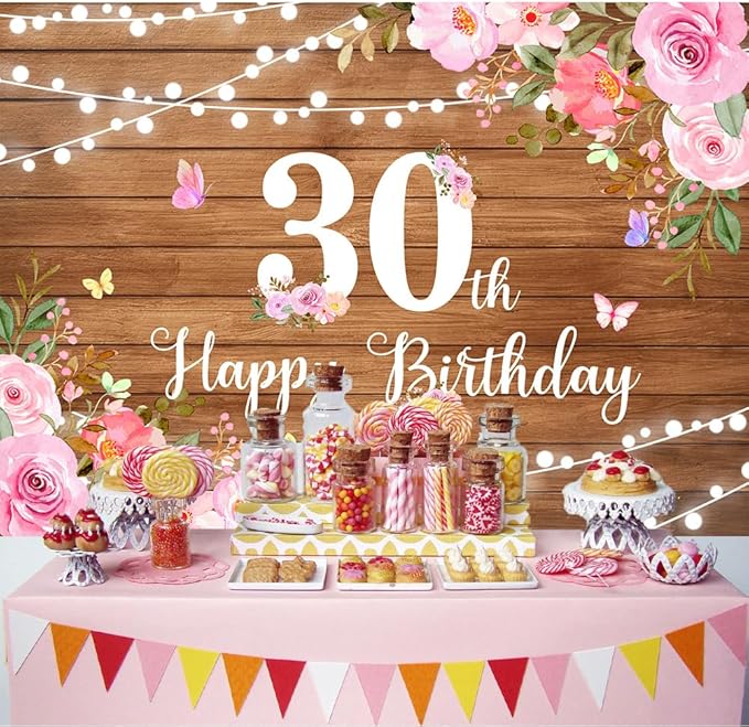 Happy 30th Birthday Decorations for Her Rustic Wooden Happy 30th Birthday Banner Backdrop Pink Floral 30 Years Old Party Decoration Photography Banner Supplies 7x5Ft