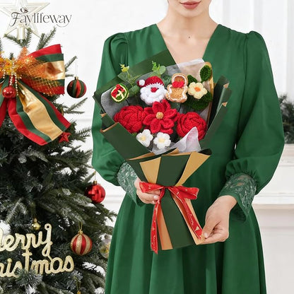 Crochet Flower Bouquet, Handmade Knitted Flowers, Green Crochet Bouquet for Lover Christmas,Birthday, Anniversary, Wedding Gifts(Include Card)