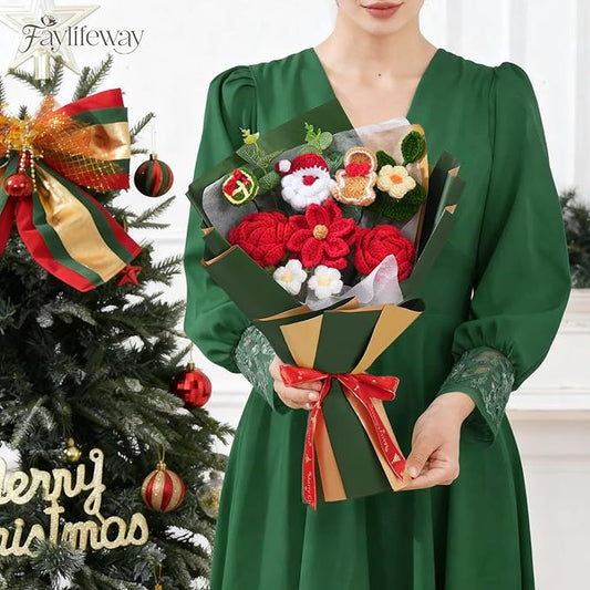 Crochet Flower Bouquet, Handmade Knitted Flowers, Green Crochet Bouquet for Lover Christmas,Birthday, Anniversary, Wedding Gifts(Include Card)