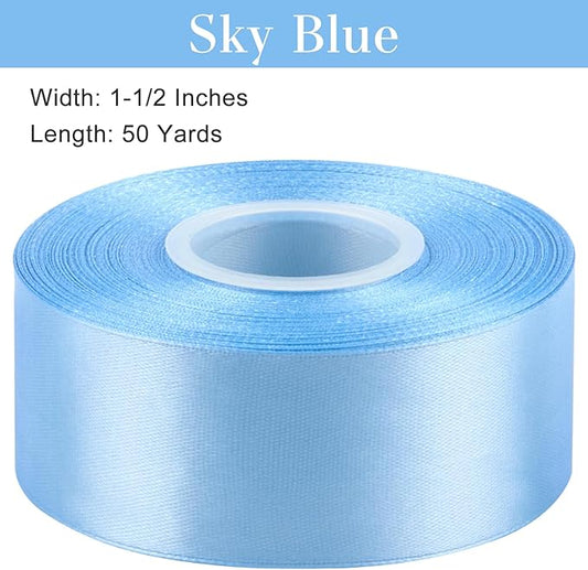 1-1/2 Inches 50 Yards Sky Blue Satin Ribbon, Solid Fabric Ribbon Roll for Flower Bouquets, Gift Wrapping, Wedding, Handmade Crafts