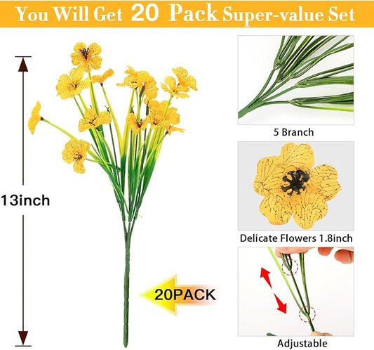 20 Bundles Artificial Flowers for Outdoors Decorations, Fake Flowers Faux Plants Silk Colorful Daisy Eucalyptus Flowers Realistic UV Resistant for Garden Patio Porch Box Home Decor, Yellow