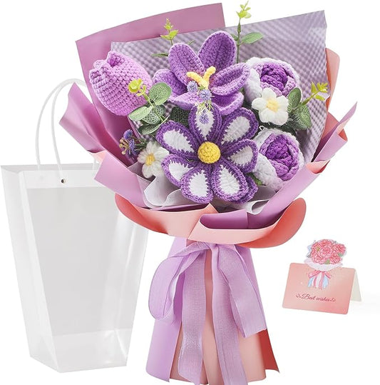 Alecono Crochet Flower Bouquet, Purple Knitted Flowers, Crochet Tulip Galsang Flower for Lover Anniversary Birthday Party Mother's Day Graduation Gifts (Include Card)