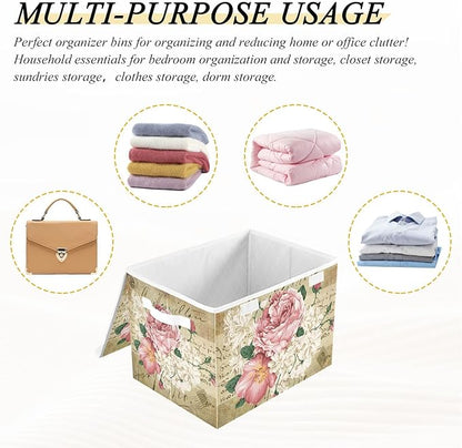 Flower Baskets Collapsible Storage Bins with Lids, Vintage Rose Floral Storage Boxes Clothes Baskets for Organizing