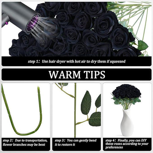 30pcs Fake Roses Artificial Silk Flowers Long Stems Bouquet for Wedding Bridal Shower Party Home Decoration (Black)