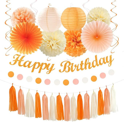 Orange-Peach Beige First Happy-Birthday Party-Decorations - 31pcs 20th Women Girls Bohemian Groovy Paper Lanterns Streamers Banner,Tissue Pom Poms Decor,Fall Boho Fans Tassels Graland Backdrop Hugmoon
